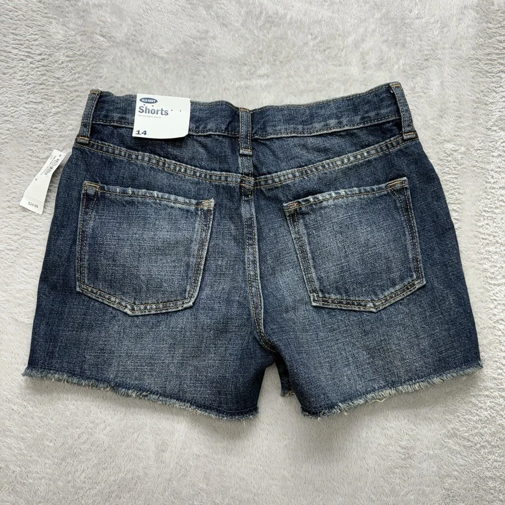Old Navy Girls Shorts 14 Denim Distressed Adjustable Waist Dark Wash Raw Hem
